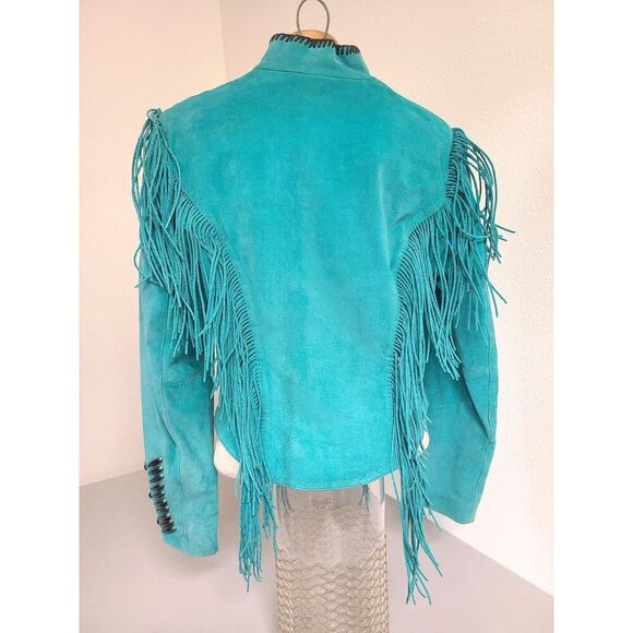 Vtg Cripple Creek Western Boho Fringe Leather Jacket MEDIUM Cowgirl Rodeo Blue M - Picture 4 of 9